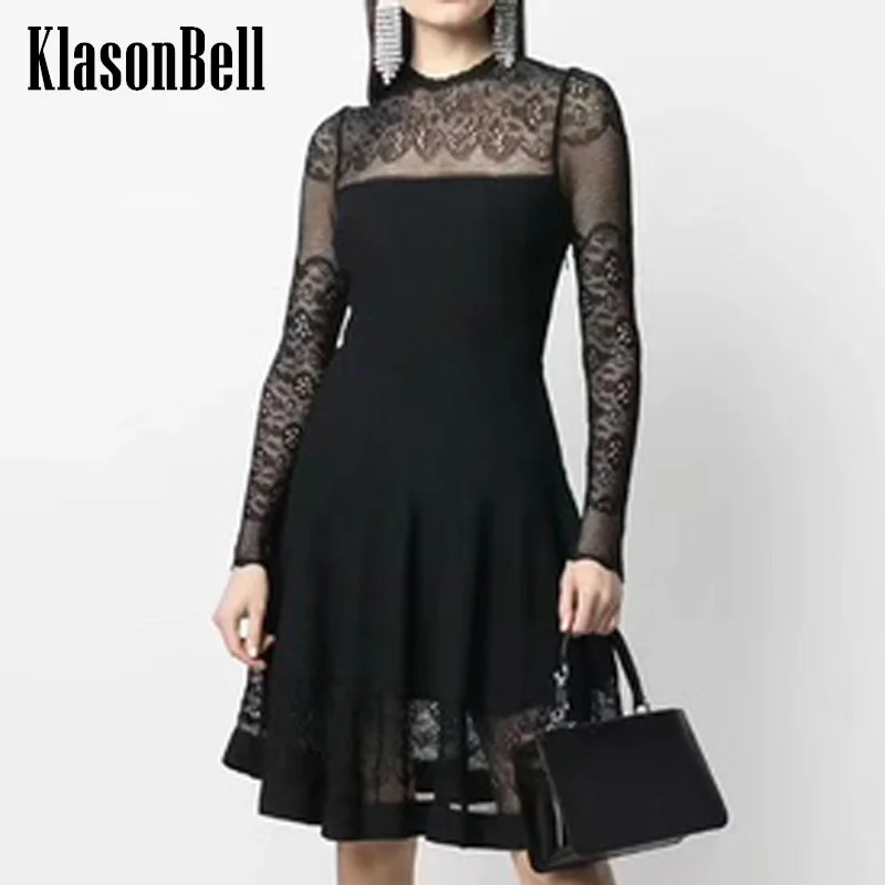 

7.2 KlasonBell Women Elegant Hollow Out Sheer Jacquard Long Sleeve Spliced Knit Collect Waist Mini Dress