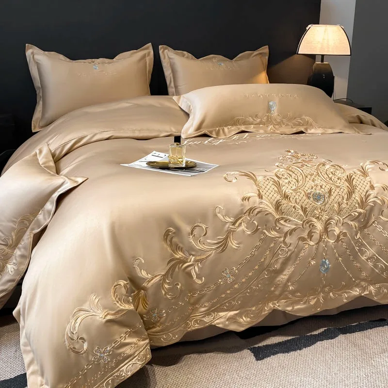 High Quality Ice Silk Cotton Bedding Set OEM ODM European Style Four Piece Bed Sheet Set With Embroidery