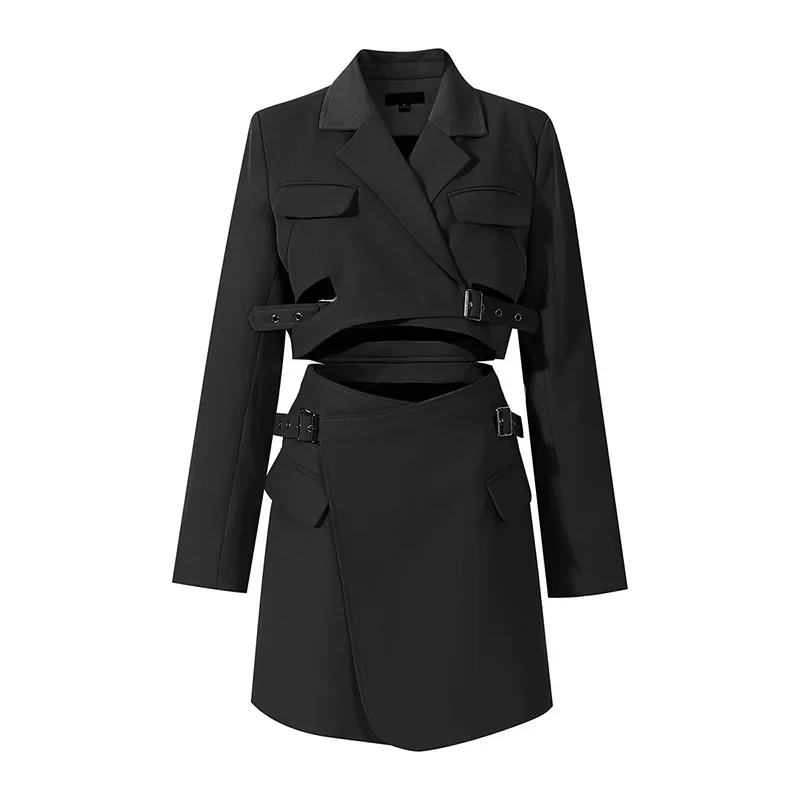 Traje Sexy azul para mujer, Blazer largo, falda ahuecada, ropa de trabajo de negocios para mujer, chaqueta de abrigo para niña, vestido de graduación, 1 pieza