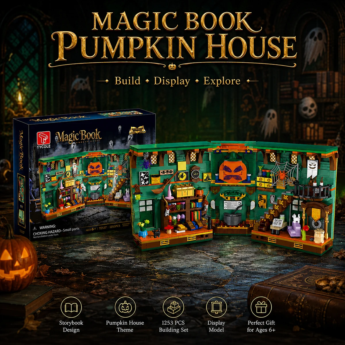 1253PCS Pumpkin House Magic Book Building Blocks Toy Model 2in1 Sets With Box Creative Desktop Ornament Bricks Festival Gifts