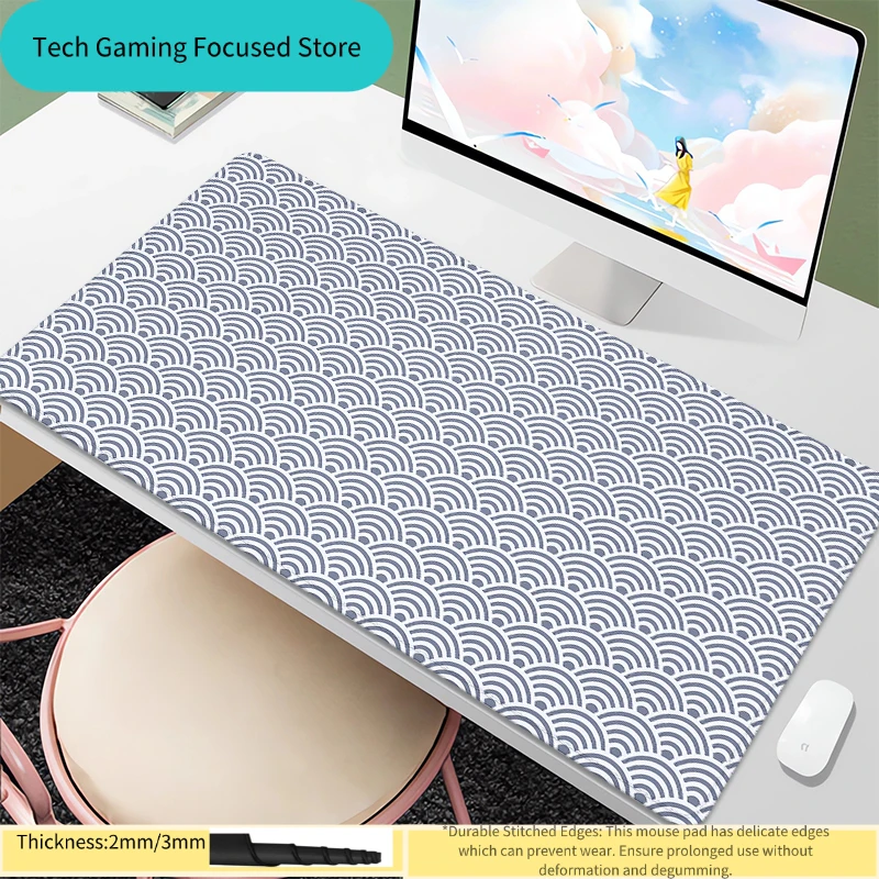 Monochrome Seigaiha Wave Extended Gaming Mouse Pad, XXL Desk Mat with Stitched Edges, 2mm/3mm Thick