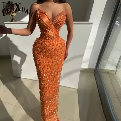 CENXUAN Exquisite Evening Gowns Beading Sleeveless Sheath Crystals Sequined Long Party Dress Vestidos De Festa Customized