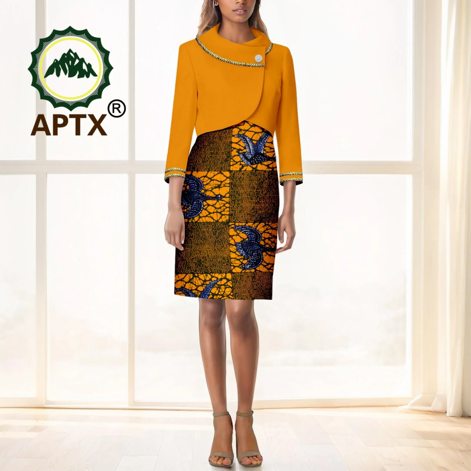 

African Women's Printed Ankara O-Neck Nine Quarter Sleeve Top Knee-Length Skirt two-piece Set Dashiki Casual Party Dresses