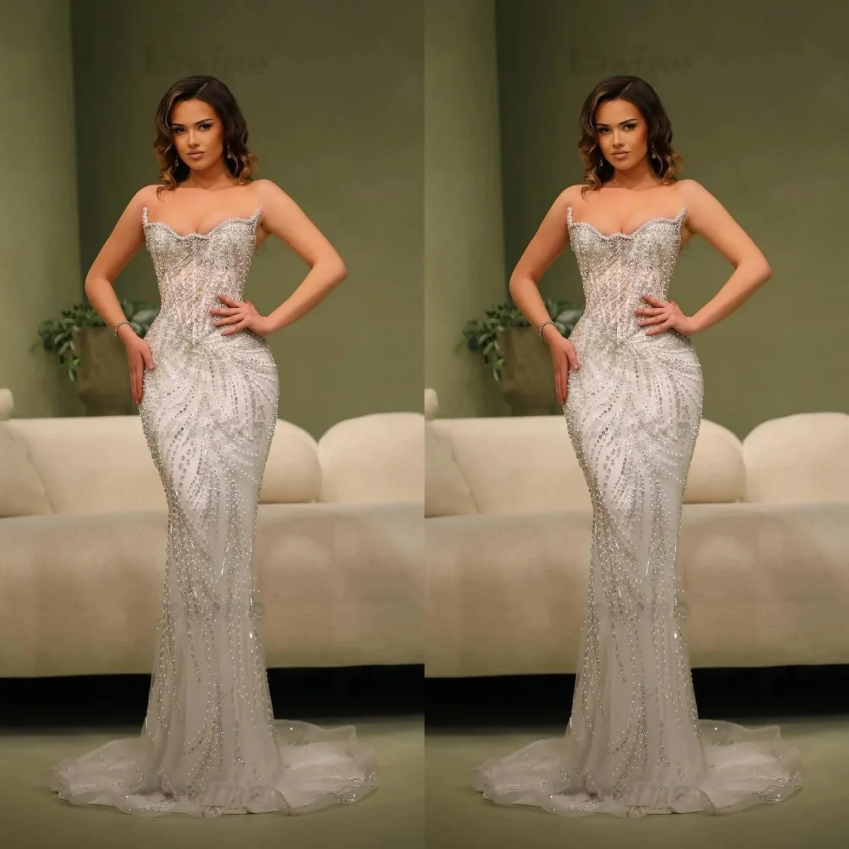 

Classic Women Evening Dresses Sweetheart Neck Sleeveless Gown Sequins Beaded Sweep Train Dress For Party Custom Made