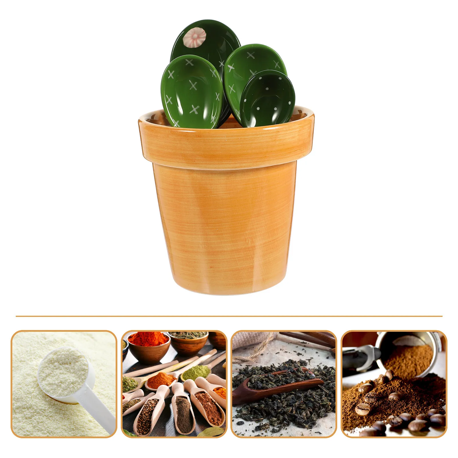 1Set Cactus Measuring Spoon Ceramic Material Kitchen Baking Tool Holder Space-Saving Graduated Measuring Scoop for Dry Wet