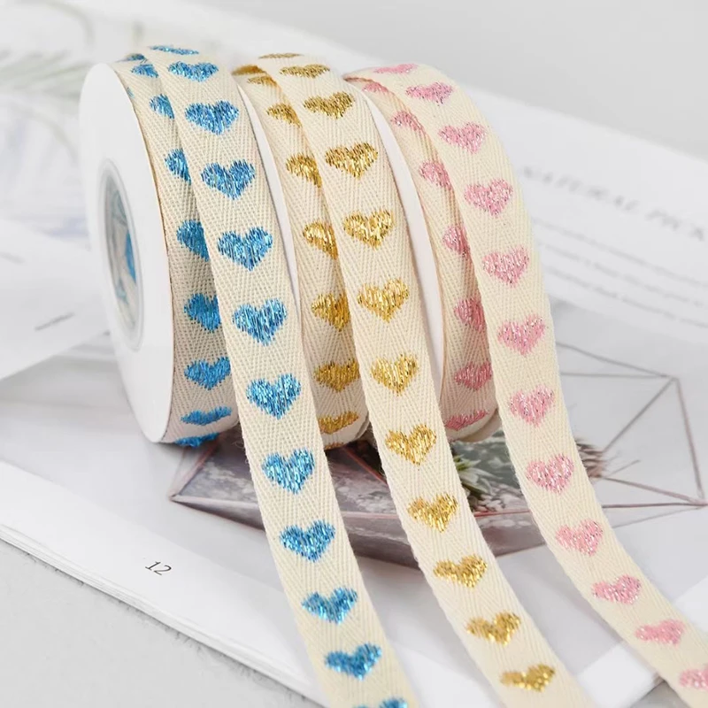 5yards/Lot 15mm 100% Cotton Ribbon Heart Handmade Hserring Bone Ribbon For Apparel Sewing Fabric DIY Christmas Decoration