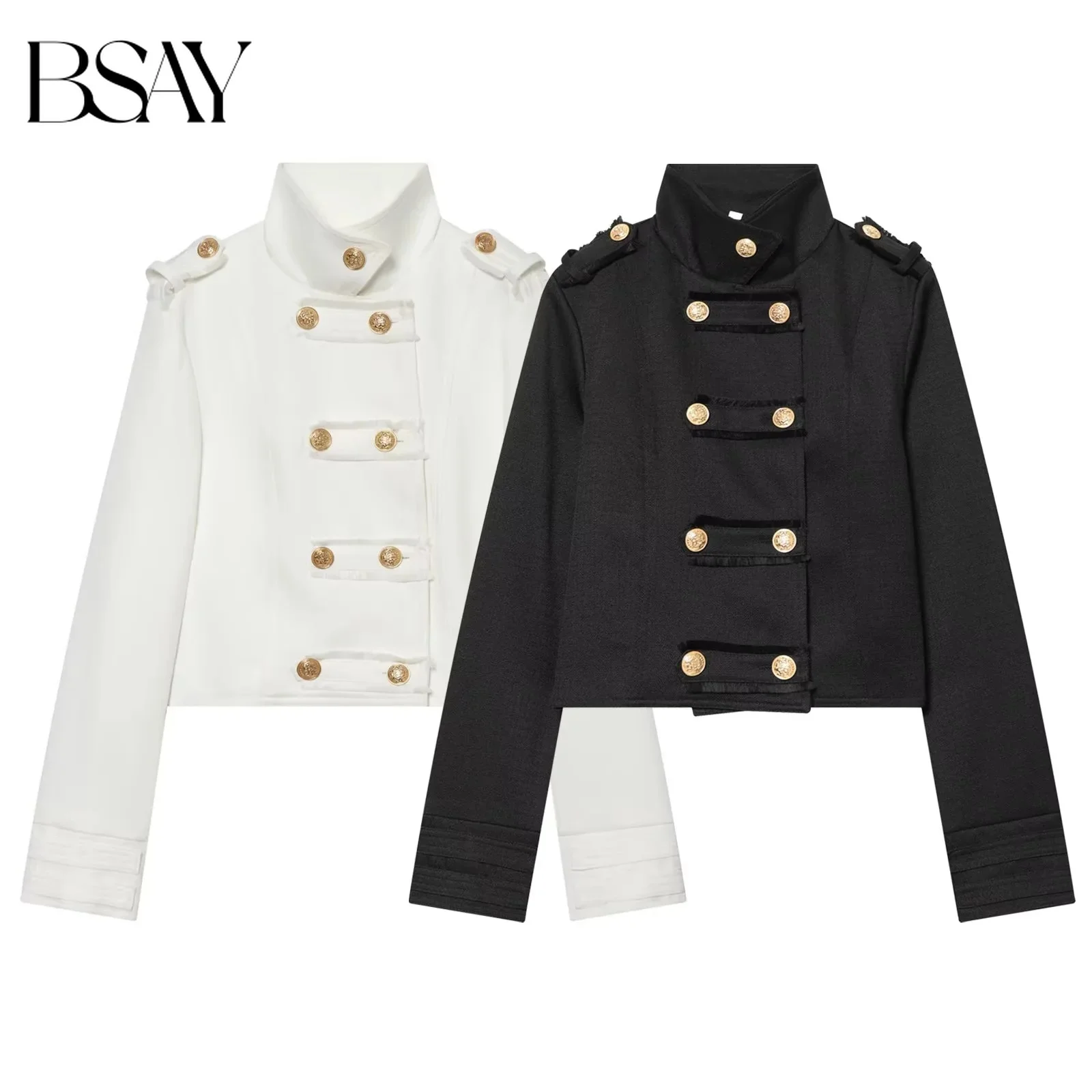 BSAY Luxury Gold Button Military Short Coat Women Neck Epaulet Decor Double Breasted Long Sleeve Slim Cropped Elegant Outerwear