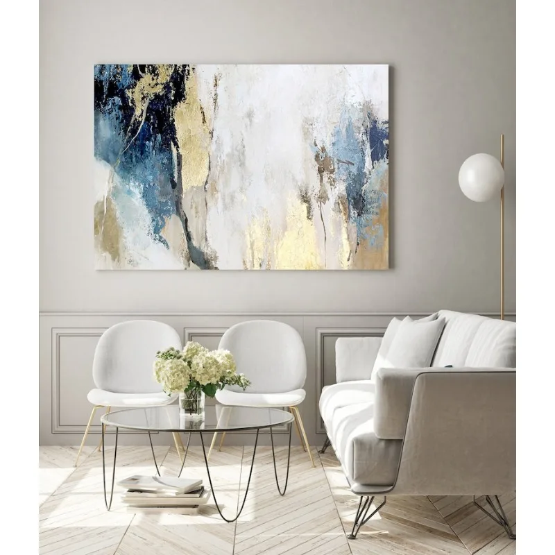 100% Hand Painted Oil Painting Blue and Gold Wall Art Abstract Frameless Oil Painting for Living Room and Bedroom Decortive