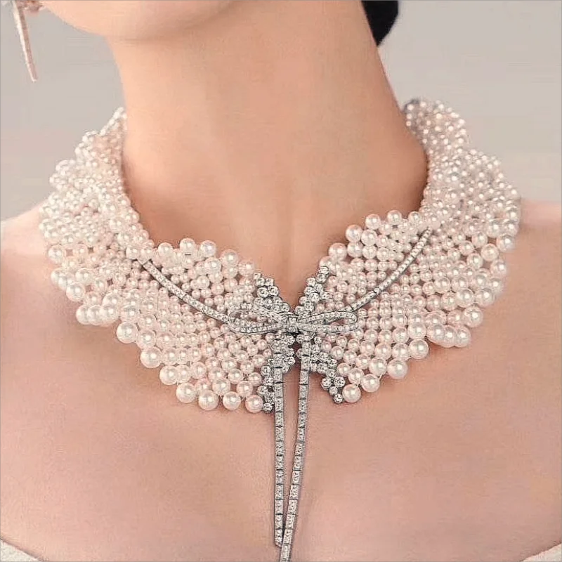 Fine Jewelry Luxury 925 Silver Bowknot White Gray Natural Freshwater Pearl Collar Wide Necklace Vintage Women