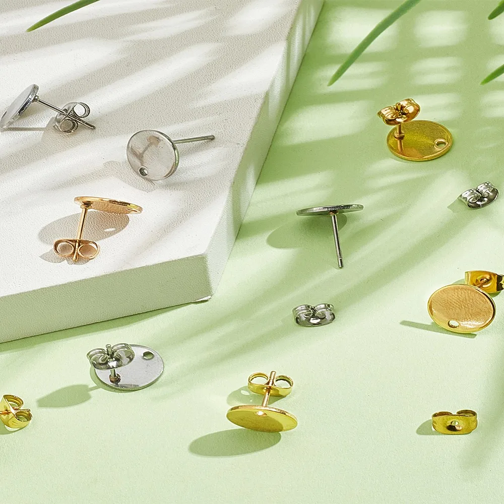 1 مجموعة 16cs 2 ألوان أيون تصفيح (IP) 304 الفولاذ المقاوم للصدأ قرط الاذن المرصع النتائج مع حلقة ولوحة مسطحة الأذن المكسرات/القرط ظهورهم #3