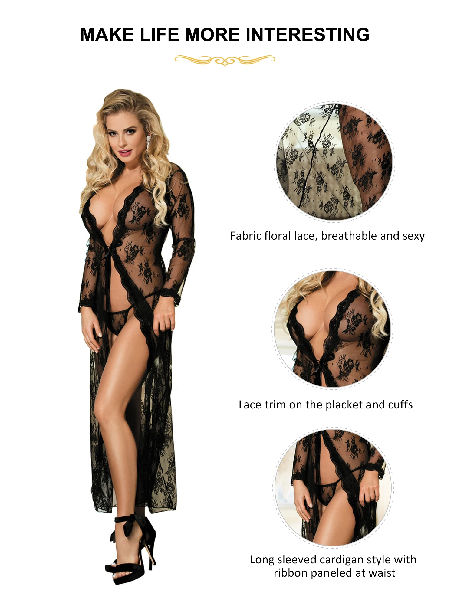 Black Curve Sleepwear Long Sleeve Shower Robe floral Lace Nightgown Women Plus Size Erotic Robes Sexy See Through Mesh Lingerie