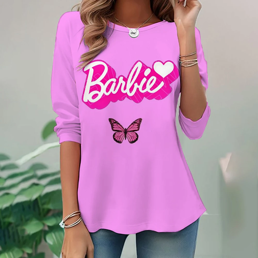 2024 New Women's Round Neck T-Shirt Long Sleeve Barbie Spring and Summer Cartoon Print Genuine Cute Loose Simple Style T-Shirt