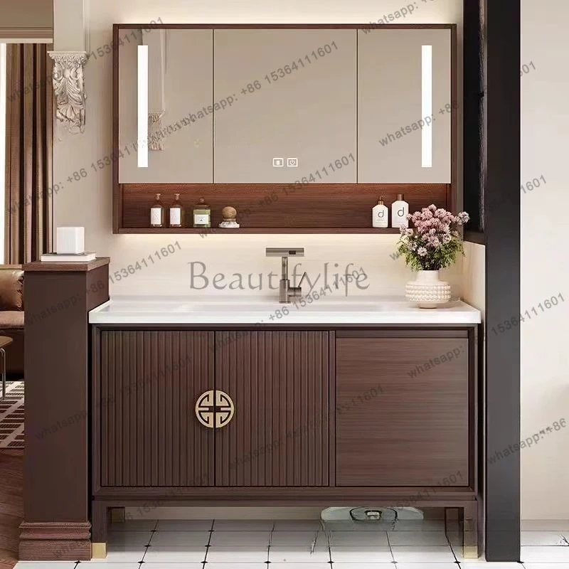 

New Chinese style medieval style integrated ceramic basin rock slab seamless, bathroom cabinet