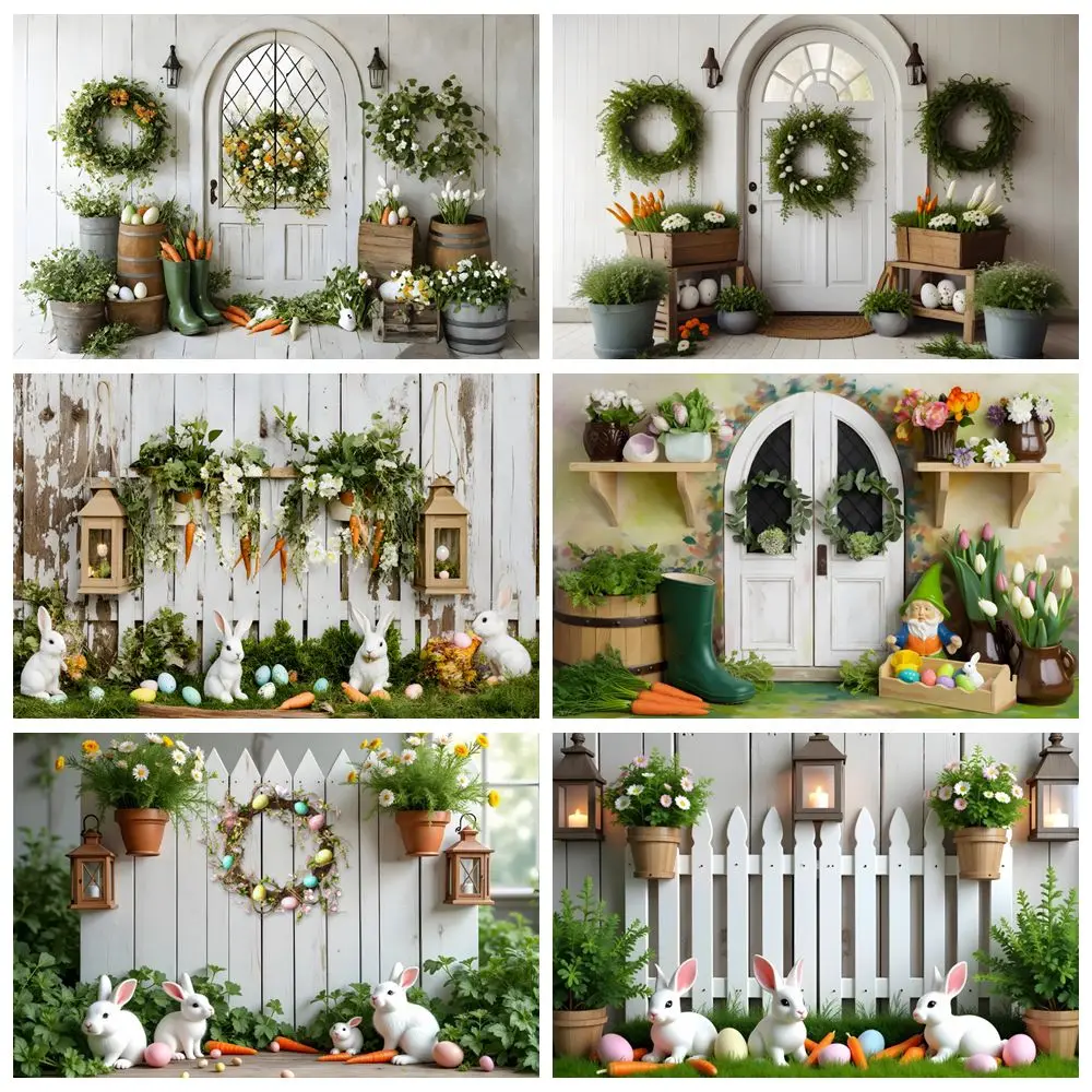 Spring Easter Photography Backdrop White Wood Door Rabbits Carrot Baby Kid Birthday Party Photocall Background Photo Studio Prop