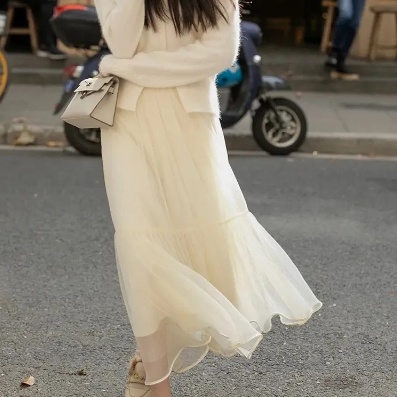 

Women's Sheer Mesh Pleated Maxi Skirt High Waist Flowy A-Line Solid Color Elegant Sweet Skirt For Spring Autumn