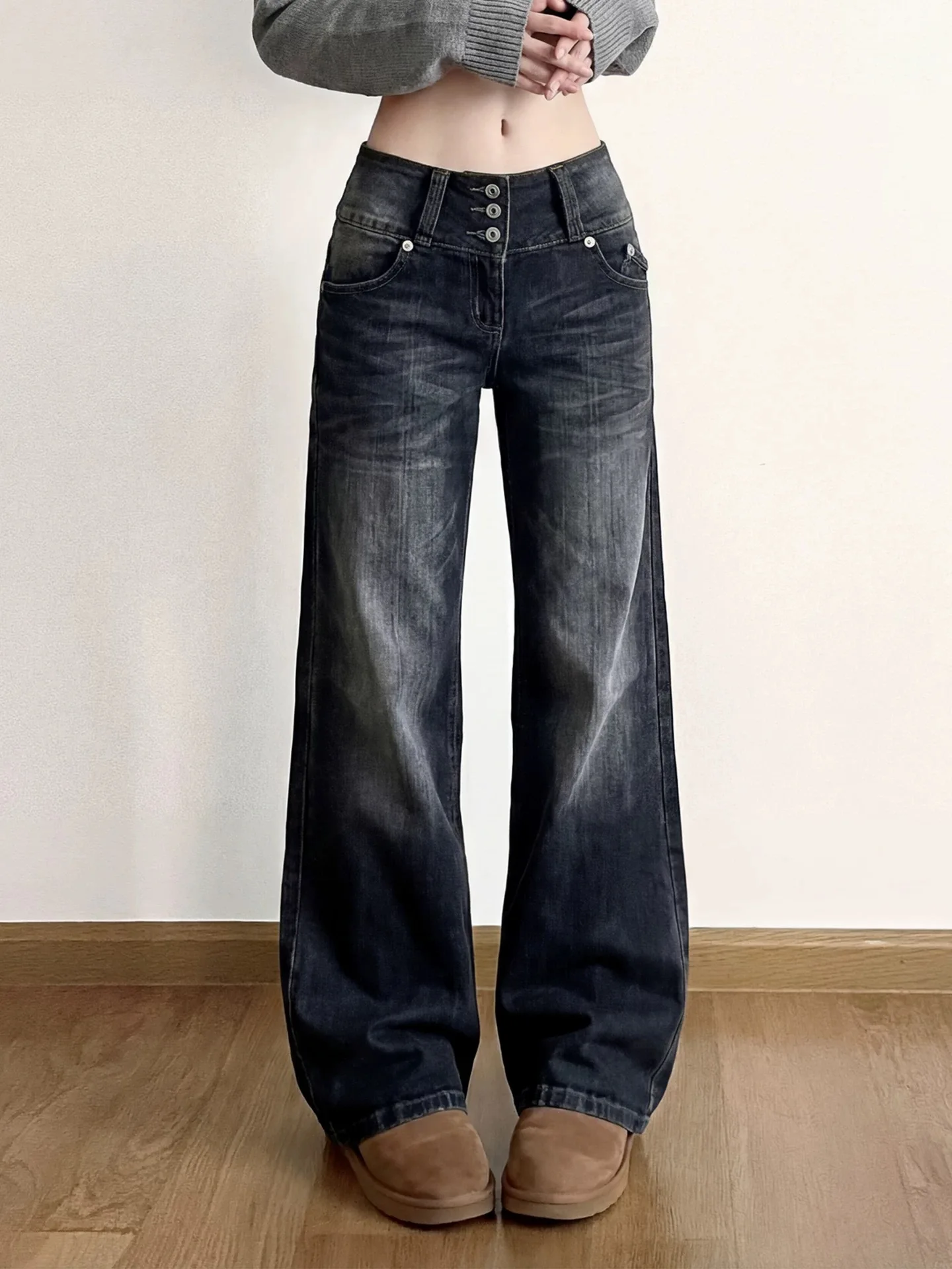 

American Vintage Black Grey Jeans Women's Y2K Aesthetic Button Design Loose Bootcut Pants Casual Street Wear Straight Leg Jeans