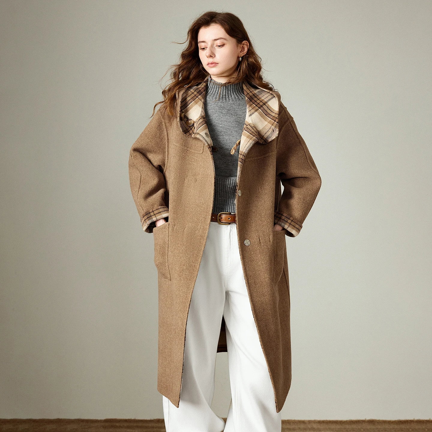 TOYOUTH Women Woolen Long Coat 2025 Winter New Nomadic Style Sheep Wool Plaid Hooded Cow Horn Buckle Female Overcoat