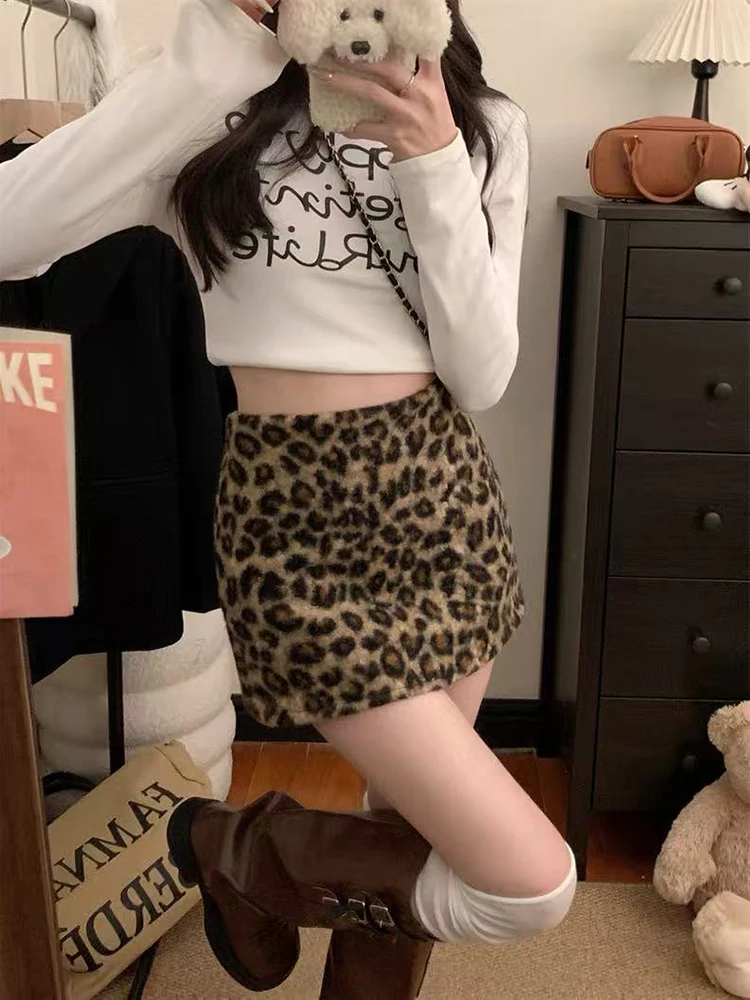 Vintage Luipaardprint Mini Rokken voor Vrouwen Lente Nieuwe Faux Lam Slanke Rokken Y2K Koreaanse Hoge Taille Streetwear Bodycon Rokken Nieuw