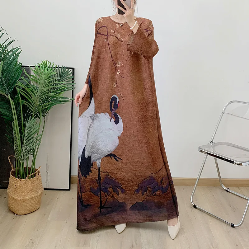 

Pleats Pleated Dresses Cranes Printed Foreign Trade Womens Long Robe Dresses Women's Large Size Long Dresses Gradient Long Skirt