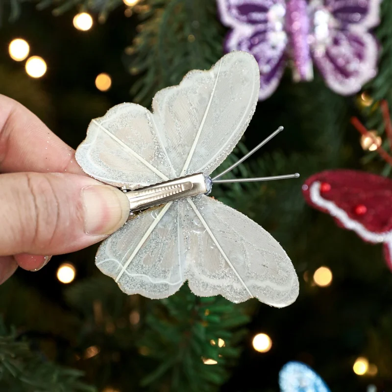 6Pcs/set Glitter Christmas Butterflies Ornaments Artificial Colorful Christmas Tree Decor with Clip Sparkling Xmas Tree Pendants