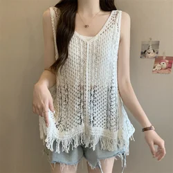 Fringed Crochet Tank Top for Women Sheer Open-knit Sleeveless Cover Up with Tassel Knitwear Boho Vacation Bohemian Summer Outfit