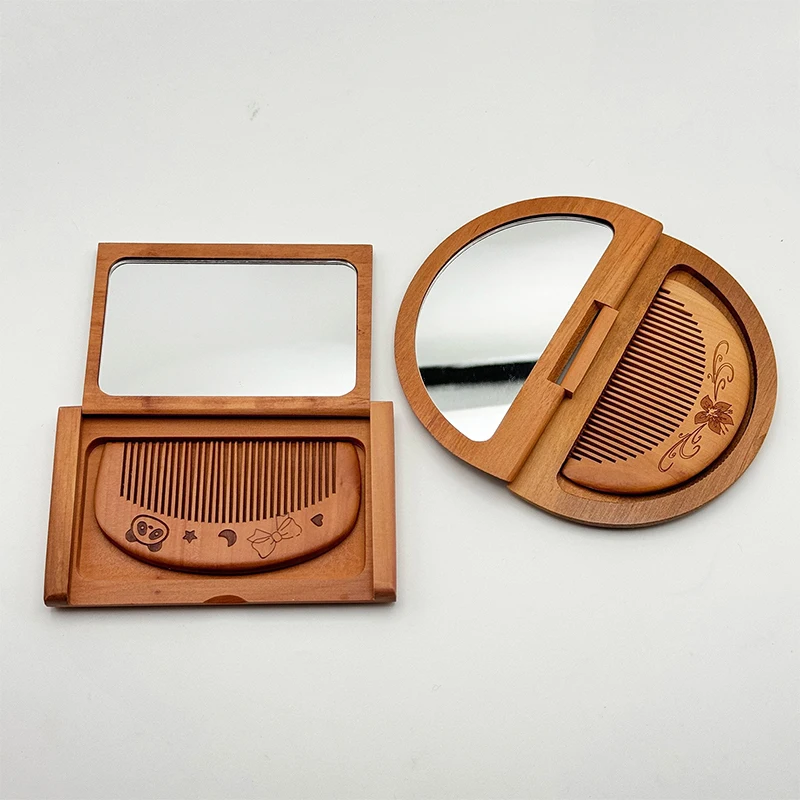 2-in-1-Kammspiegel-Set aus Holz, Mini-Vintage-Make-up-Spiegel, Pfirsichholz, rechteckig, tragbarer Klappspiegel für Mädchen und Damen