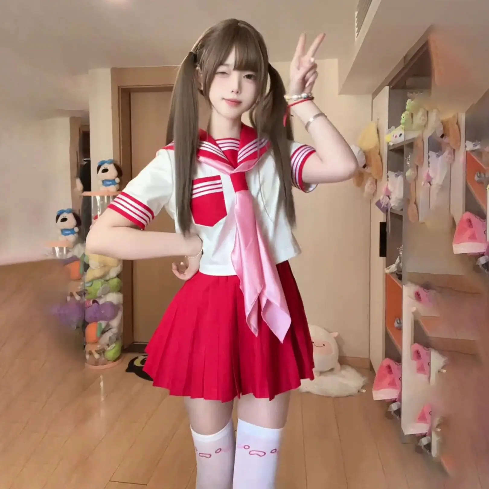 

Red Large Size Uniform Set Short Sleeve Sailor Suit School Uniform Style Summer Casual Fashion Women's Two-Piece Suit V-Neck