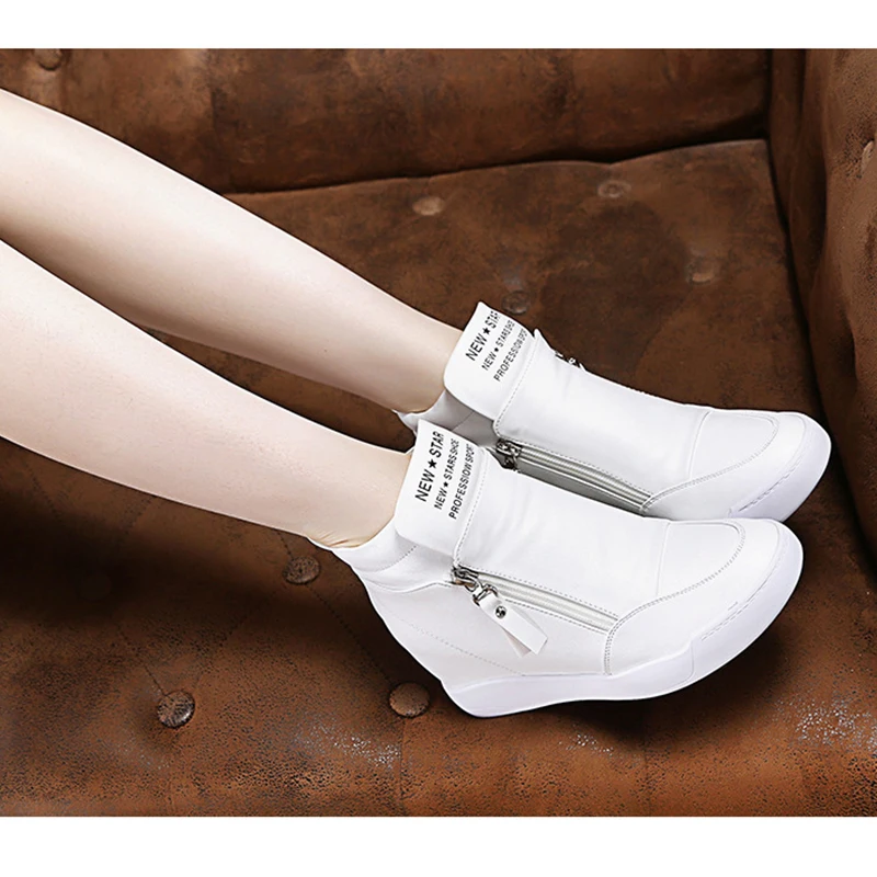 Women Casual Sneakers White PU Platform Shoes Ladies Wedge Sports Shoe Fashion Woman  Black Chunky Side Zipper Vulcanized Shoes