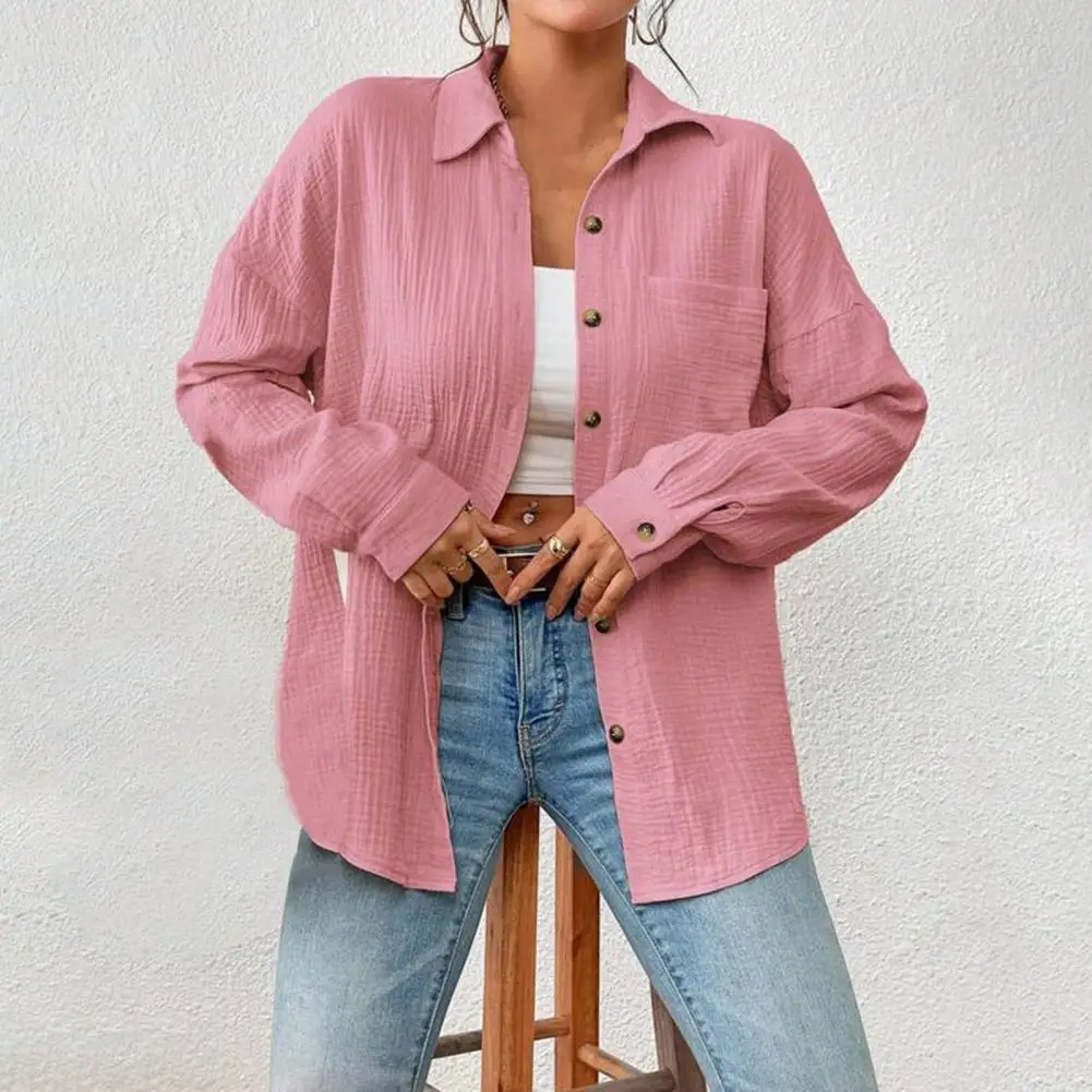 Women Casual Shirt Lapel Long Sleeve Button Down Top with Patch Pocket Solid Color Loose Fit Blouse Work Leisure Daily Wear