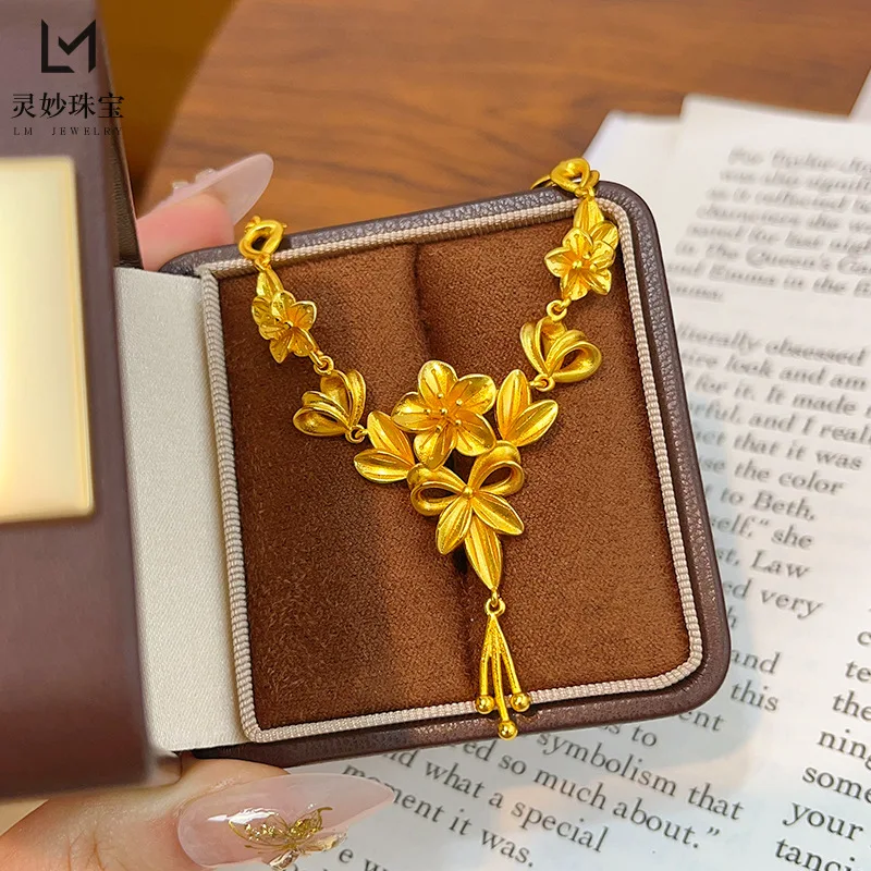 

24K Real Gold Sanshenghua Tassel Necklace Flower of Happiness 9999 Wedding Flower Set Chain Exquisite and Fashionable