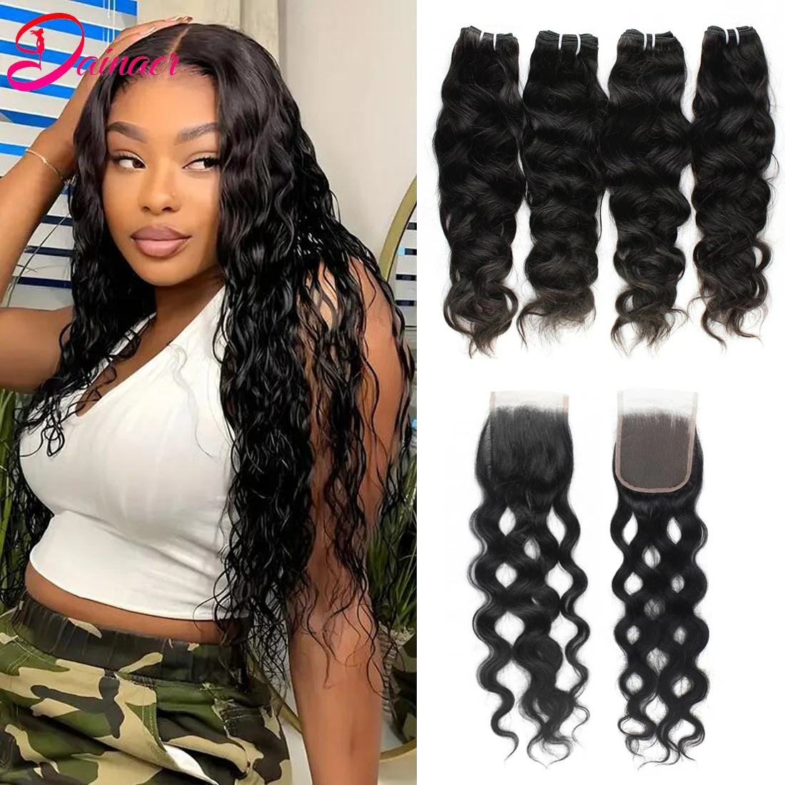 Peruvian Natural Wave Hair Extensions With Closure Human Hair Bundles With Closure 100% Remy Human Hair 4x4 Closure With Bundles