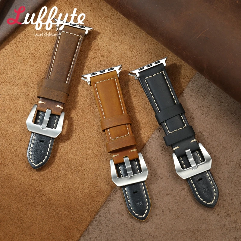 

Men Retro Crazy Horse Leather Wrist Belt for Apple Watch Bands 38/40/41/42/44/45/46/49mm for Iwatch 1-10 Ultra 2 SE Watchband