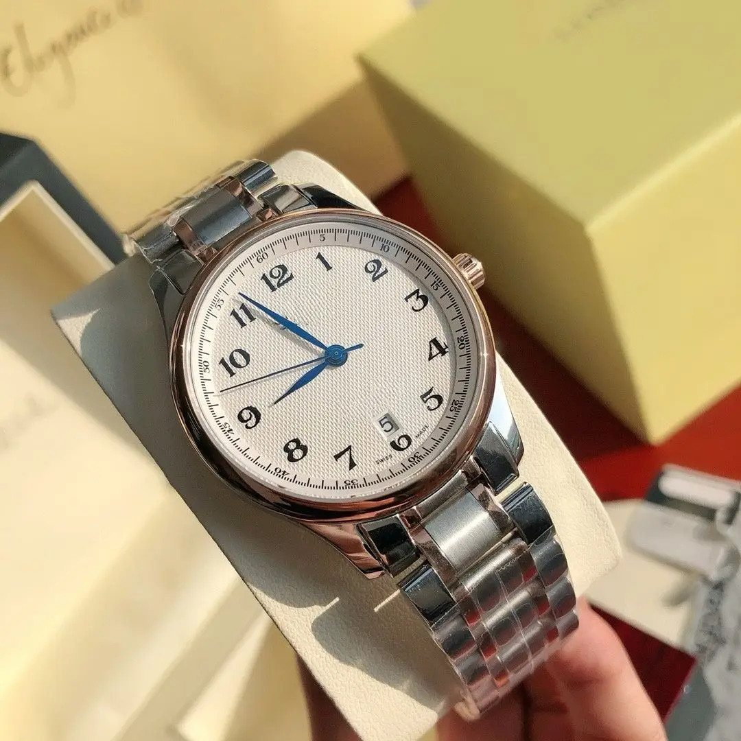 

Two-Tone Stainless Steel Watch with Blue Hands, Date Window & Textured White Dial