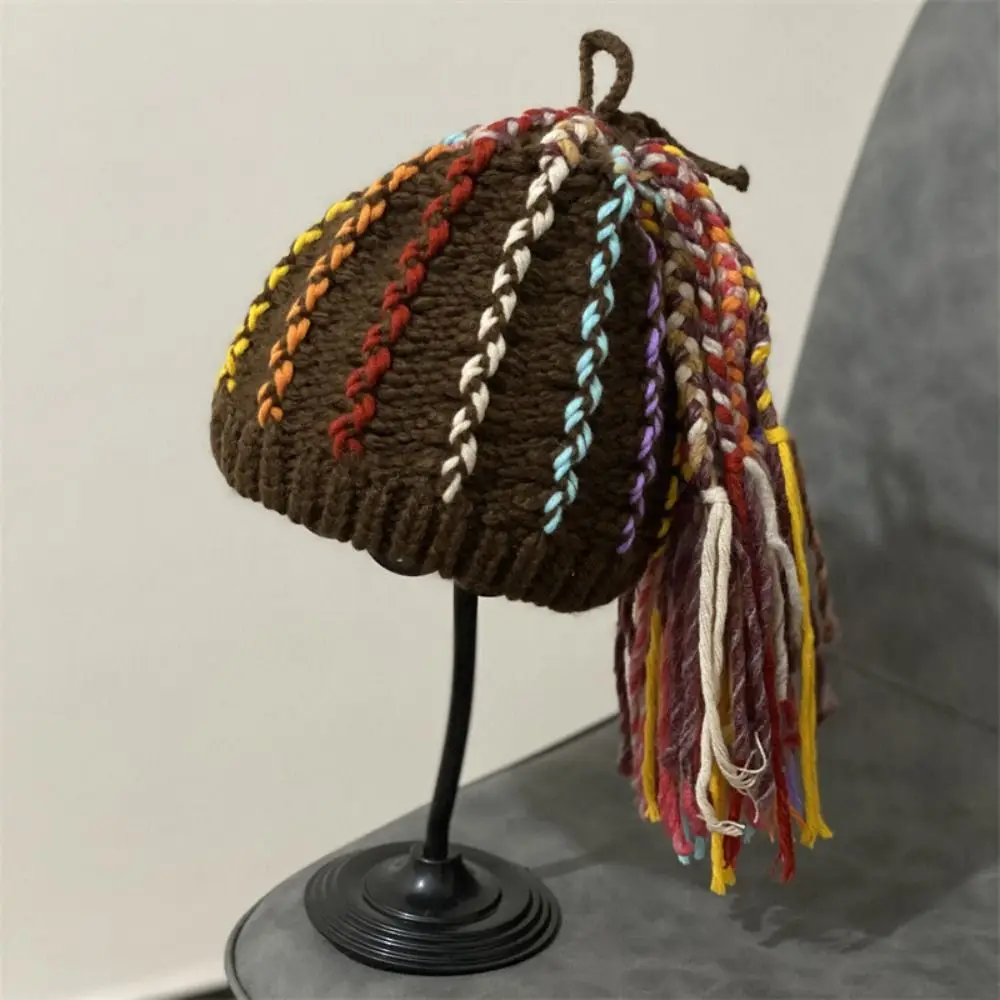 Soft Warm Reggae Pullover Cap Ethnic Style Thickened Knitted Dreadlocks Hat Wool Windproof Hip Hop Wig Dome Hat Female/Girls