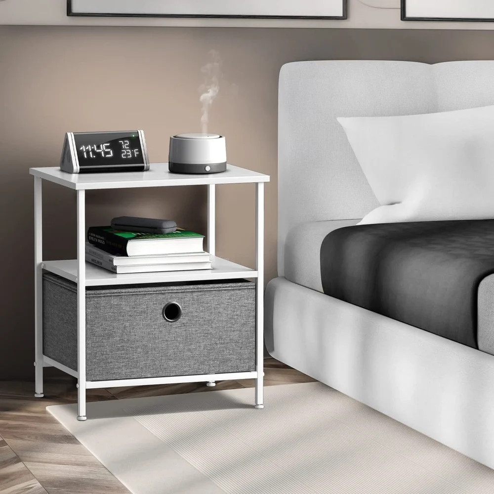 Compact White Nightstand with 1 Drawer 2 Shelves Portable Accent Table Bedroom Living Room Small Spaces Storage Solution