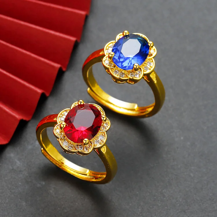 2026 New Women's Adjustable Brass Gold Plated Flower Gemstone Ring Fade Resistant Fashion Jewelry for Daily Wear Party Dating