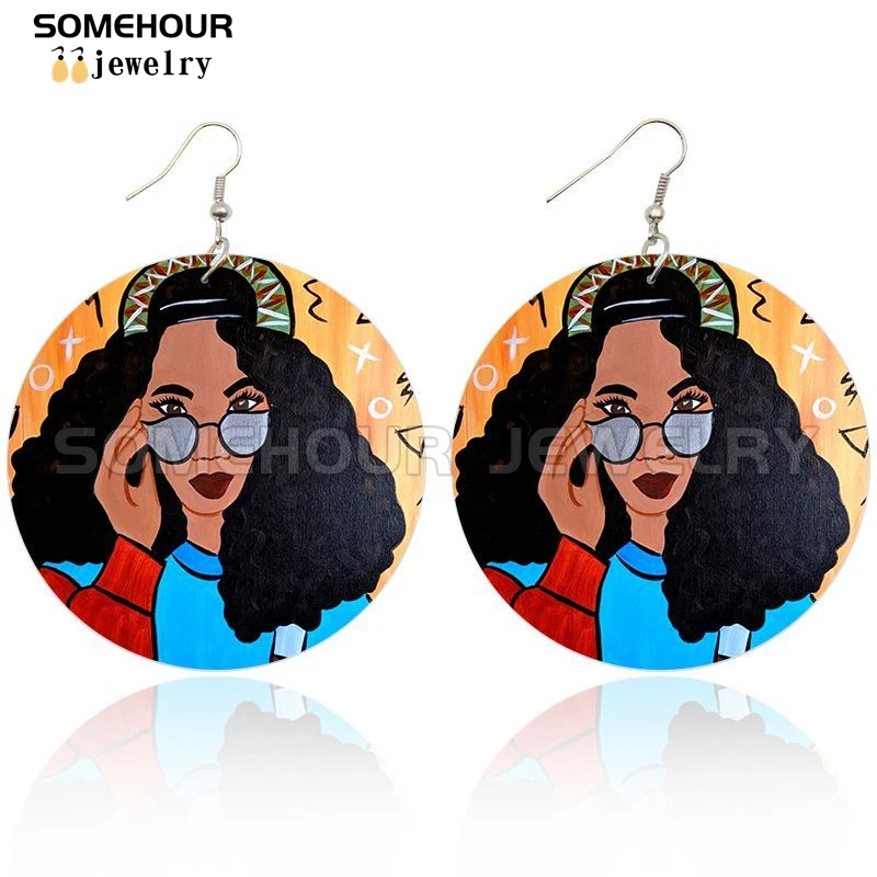 لوحات فنية سوداء في ساعة ما أقراط قطرة خشبية أفريقية مثيرة للمرأة الأفرو المجعدة عقد عتيق حلقات كبيرة متدلية #3