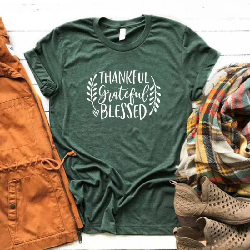 

Thankful Grateful Blessed Shirt Thanksgiving Fall Teacher T Shirt WomenThankful Cotton 100% Clothes Thanksgiving Tee