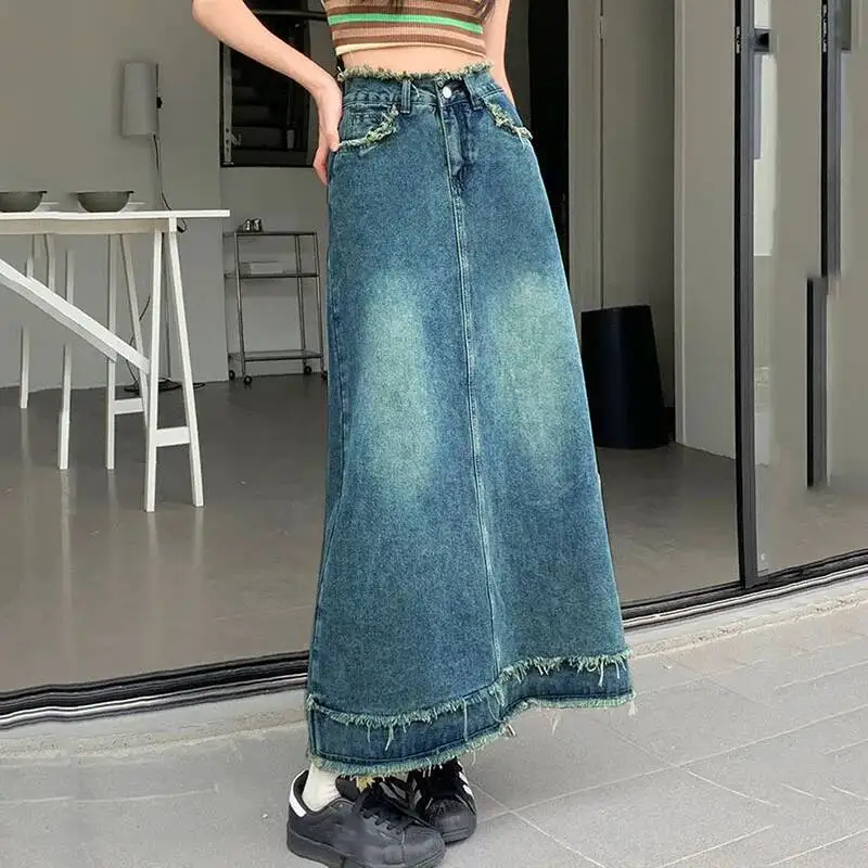 Lucyever Vintage Blue Denim Frauen Sommer Neue Mittlere Länge EINE Linie Jean Rock Frau Casual Alle Spiel Hohe Taille Lange Röcke