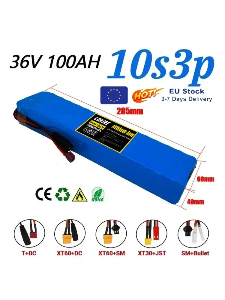 36V 100Ah oplaadbare lithiumbatterij 18650 10S3P 1000W vermogen gemodificeerde 36V elektrische scooterbatterij met BMS, SYP XT60 JST - afbeelding 2