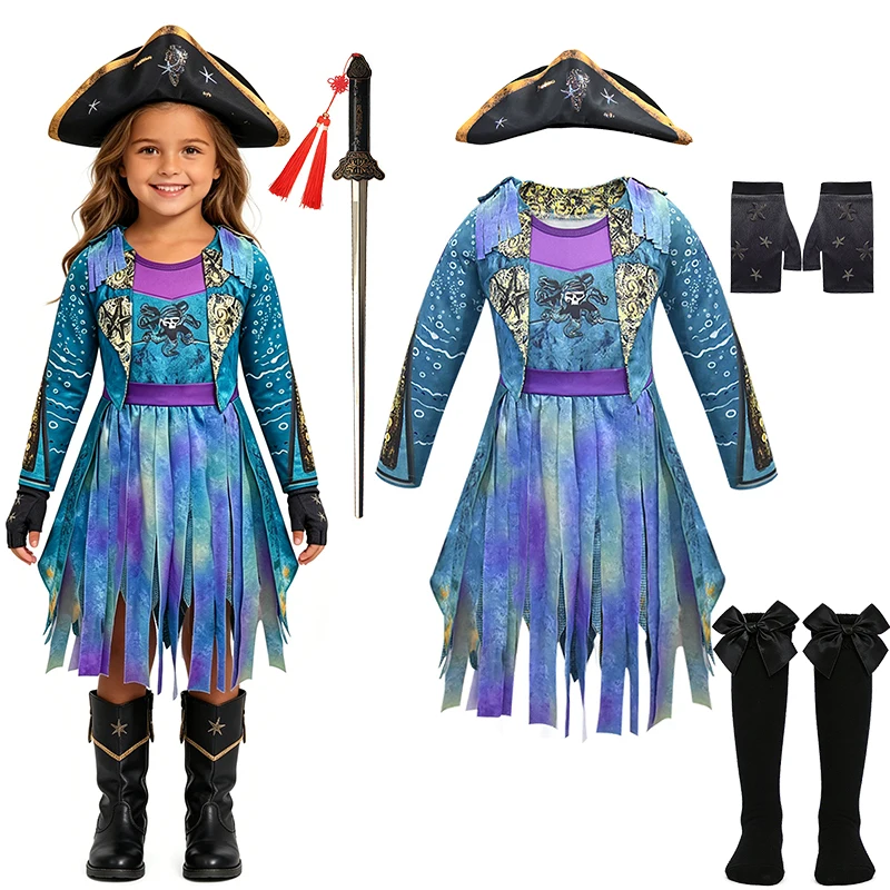 Girls Ocean Blue Gradient Pirate Princess Costume Halloween Cosplay Skull Printed Kids Dress Carnival Party Children's Costume
