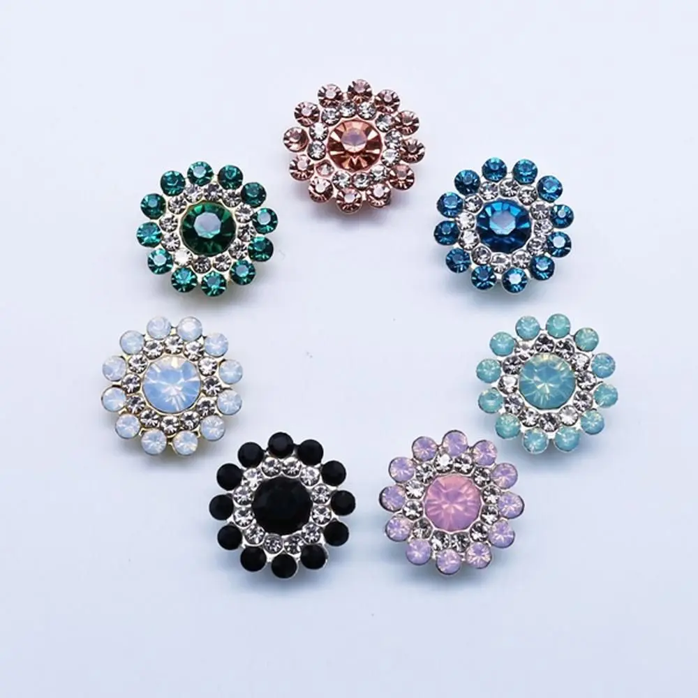 10PCS 14mm Flower-shaped Rhinestone Buttons Sparkling Crystal Glass Stone Steel Bottom Clothes Decoration Sewing Accessories