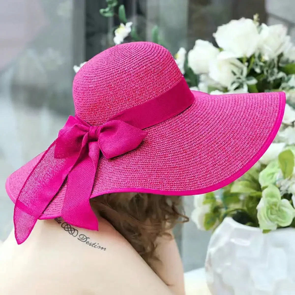 

Boho Women's Beach Straw Hat With Extra Wide Brim, Sun Protection, Vacation Style, Outdoor Fashionable Bow Valentine's Day Valentines