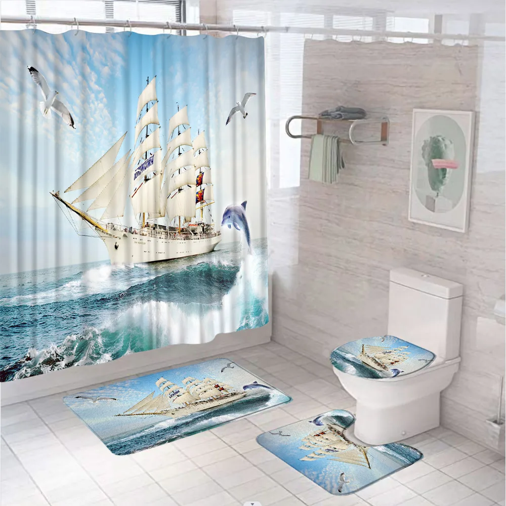 

Nautical Sailboat Shower Curtain Sets Blue Ocean Sea Waves Dolphin Bird Bathroom Curtains Carpet Bath Mat Rug Toilet Seat Cover