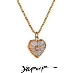 Yhpup Fashion Natural Shell Zircon Heart Love Necklace Chic Pendant Delicate Stainless Steel Stylish Valentine's Jewelry Gift