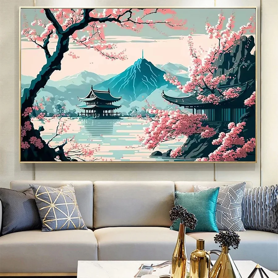 Diamant-Stickset, neue japanische Bergblume und Baumlandschaft, voller Diamanten, Mosaikkunst, Gemälde, Kreuzstich, Wanddekoration