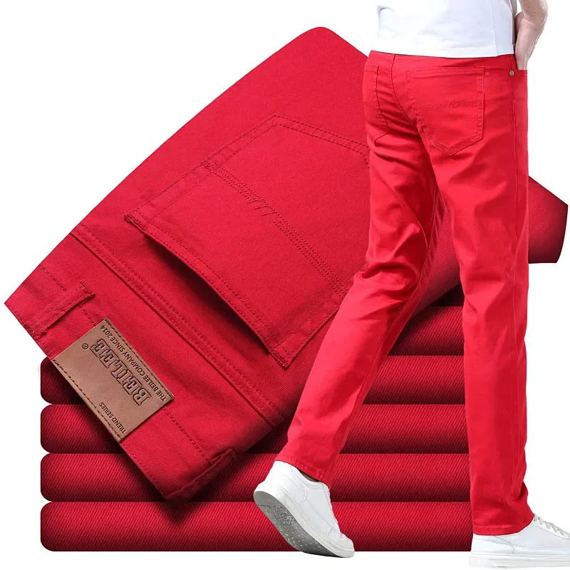 Men Classic Version Slim Stretch Trousers Clothing Red Straight Jeans Fashion High Quality Casual Denim Pants Male 36 40