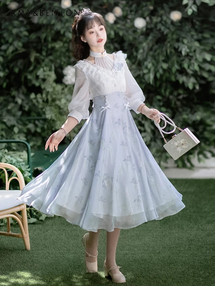

2025 Summer New High-Quality Gentle Style Floral Print Slim High-Waisted Mid-Length Dress White Versatile Crinoline Set
