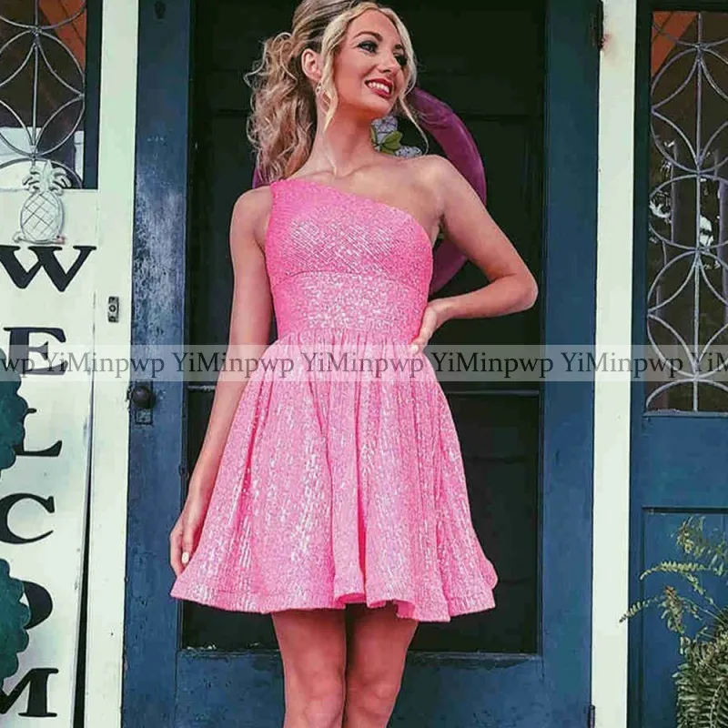 Sequined Homecoming Dresses One Shoulder Short A Line Teenagers Student Prom Birthday Party Gowns Matric Dance Dress Customized