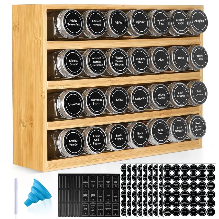 

Органайзер для специй с 28 баночками для специй, 780 этикеток, 4-х уровневая деревянная подвесная полка, меловым маркером и воронкой для ящика шкафа K